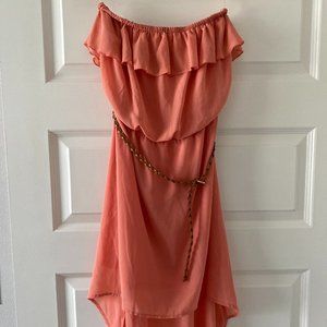 Pearl Salmon Strapless Tube High-Low Belted Dress